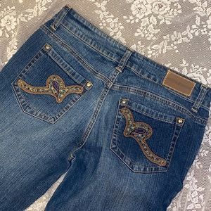Y2K ROCAWEAR DENIM JEANS PURPLE STITCHING POCKETS VINTAGE BOOT WIDE LEG FLARE